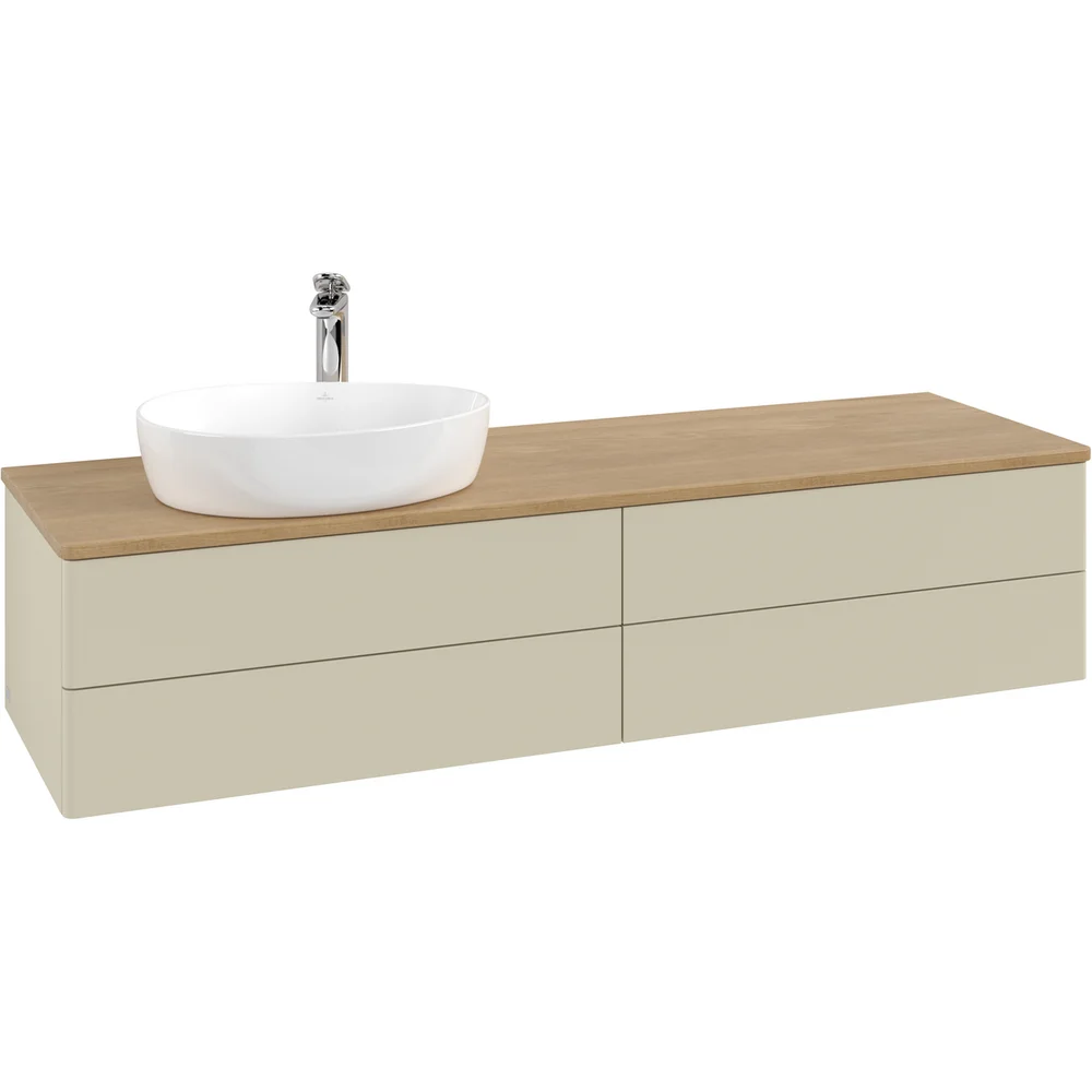 V&B ANTAO SERVANTSKAP 4 SKUFFER GLATT 1600X360X500 VENSTRE M/KRANHULL M/LYS SILKEGRÅ/EIK v:2225381