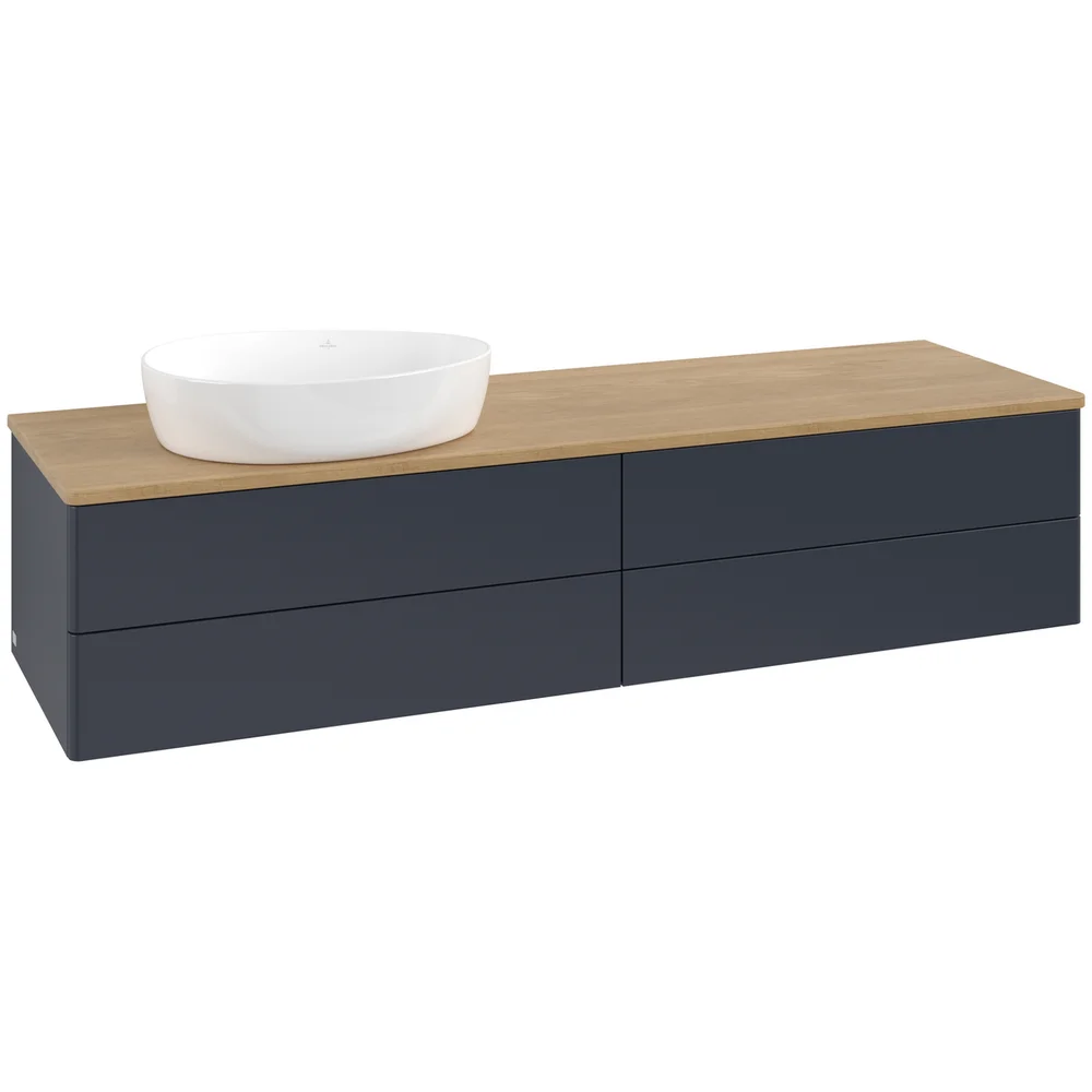 V&B ANTAO SERVANTSKAP 4 SKUFFER GLATT 1600X360X500 VENSTRE U/KRANHULL BLÅ/EIK v:8500473