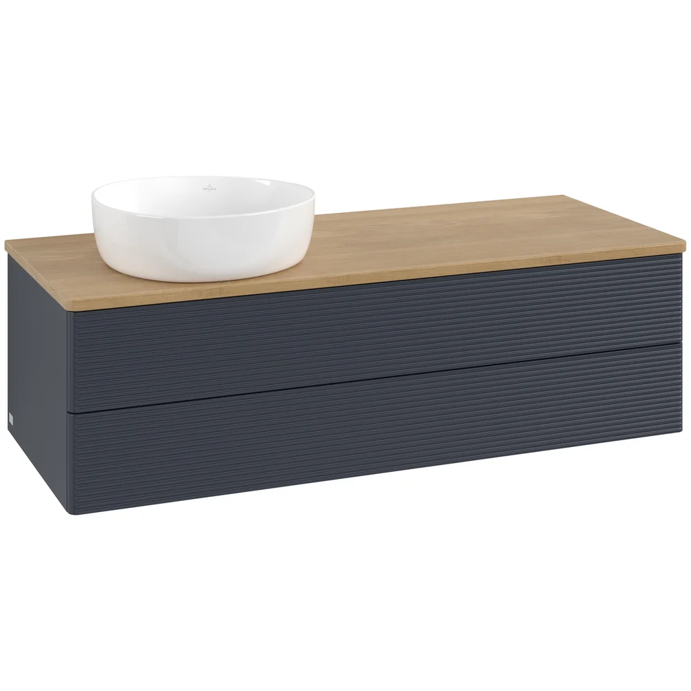 V&B ANTAO SERVANTSKAP 2 SKUFFER RILLET 1200X360X500 VENSTRE U/KRANHULL BLÅ/EIK v:2156191