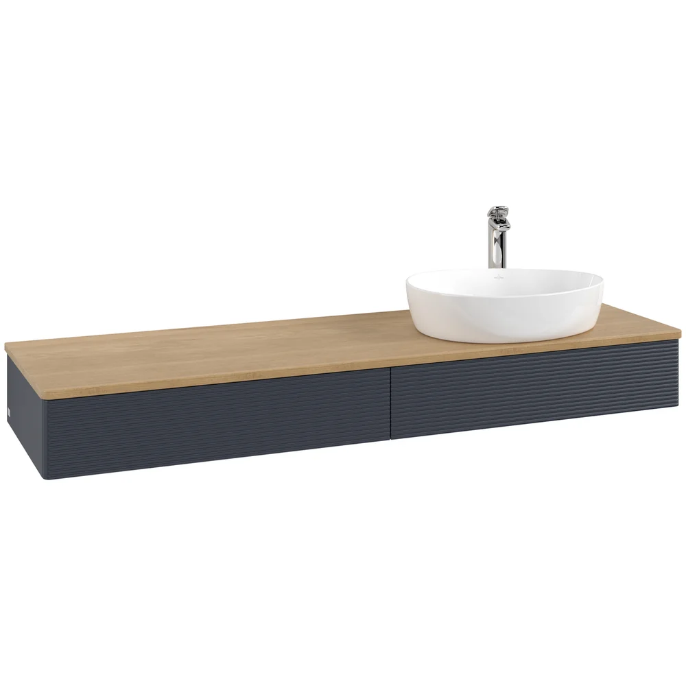 V&B ANTAO SERVANTSKAP 2 SKUFFER RILLET 1600X190X500 HØYRE M/KRANHULL BLÅ/EIK v:4638204