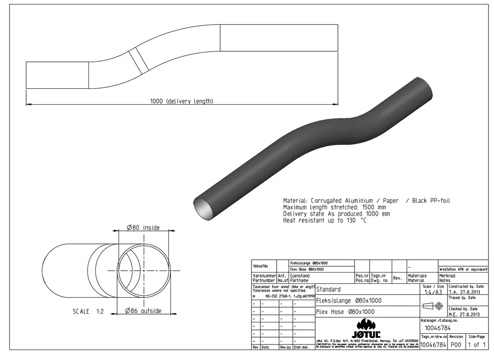 Slange til peis fleksibel for tilluft Ø80 mm 1 meter v:4125975
