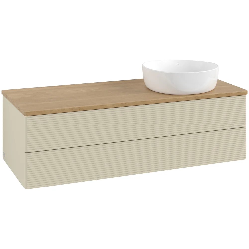 V&B ANTAO SERVANTSKAP 2 SKUFFER RILLET 1200X360X500 HØYRE U/KRANHULL SILKEGRÅ/EIK v:6470654