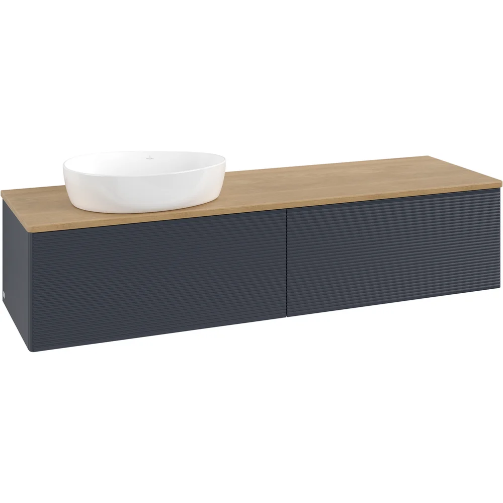 V&B ANTAO SERVANTSKAP 2 SKUFFER RILLET 1600X360X500 VENSTRE U/KRANHULL BLÅ/EIK v:4077127