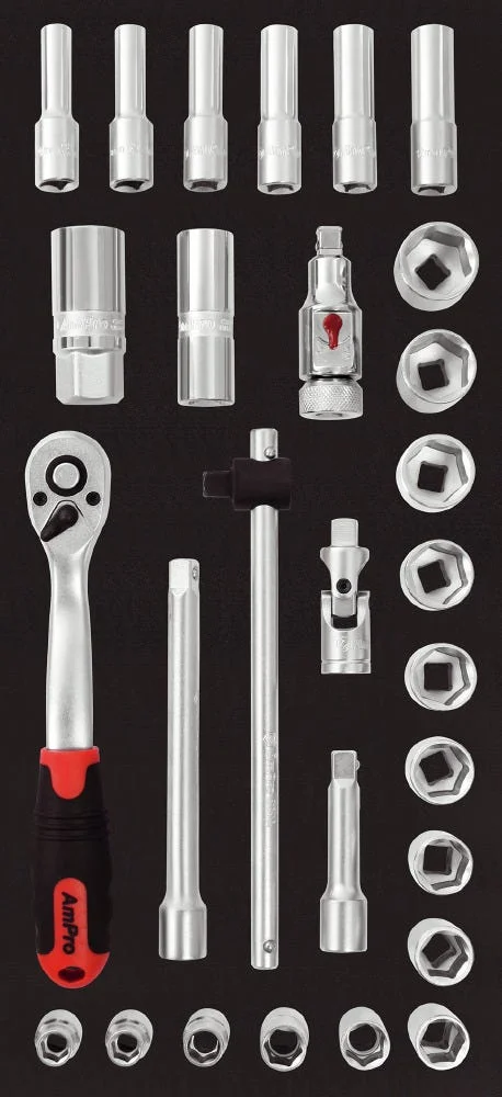 AMPRO PIPENØKKELSETT 3/8" 28 DELER v:4240589 AMPRO PIPENØKKELSETT 3/8" 28 DELER v:4240589