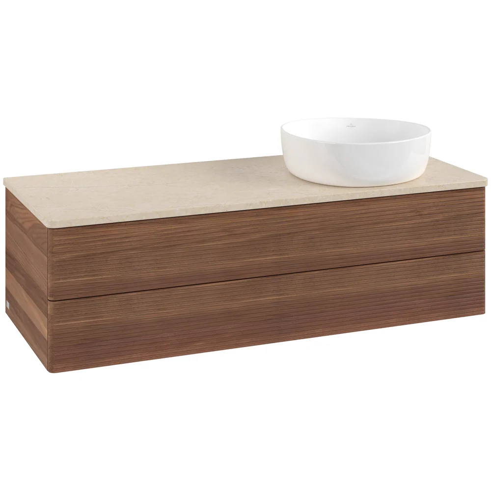 V&B ANTAO SERVANTSKAP 2 SKUFFER RILLET 1200X360X500 HØYRE U/KRANHULL VALNØTT/CRÉME v:2970145